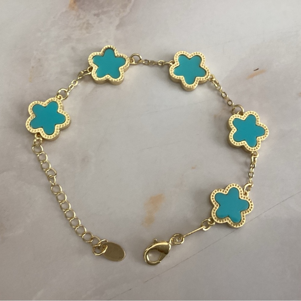 turquoise blue gold clover flower bracelet new